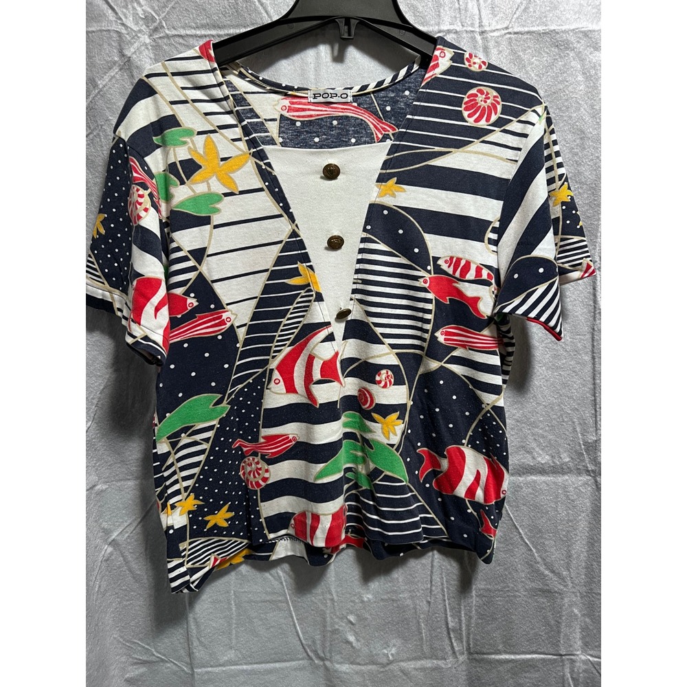 VTG 80s 90s POP-O Novelty Print Top Nautical Fish Buttons Short Sleeve Shirt S/M